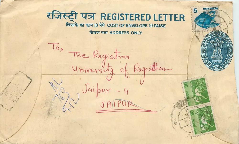 Enveloppe enregistrée — Université de Rajasthan — Jaipur - Recto