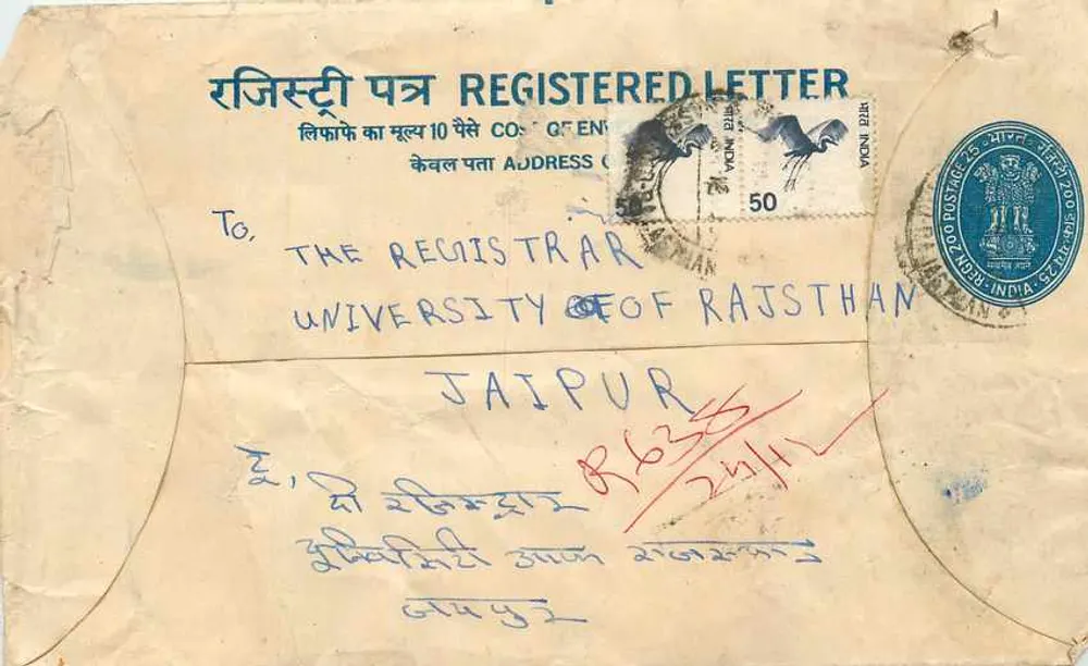 Carta recomendada — Índia — Escritório de correios de Rajasthan - Frente