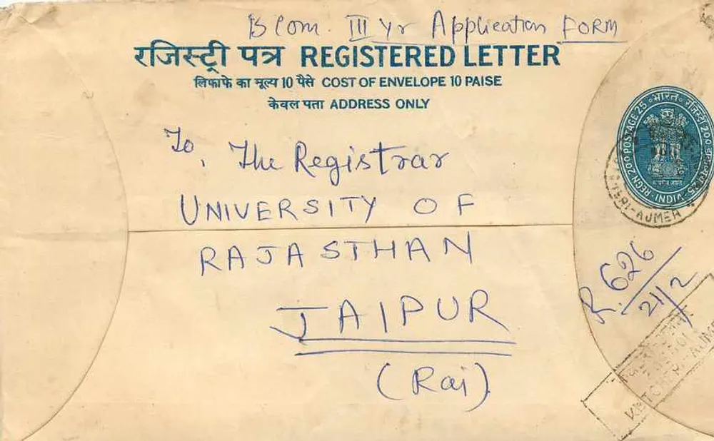 Enveloppe de lettre recommandée — Université du Rajasthan, Jaipur — éditeur : Poste indienne - Verso