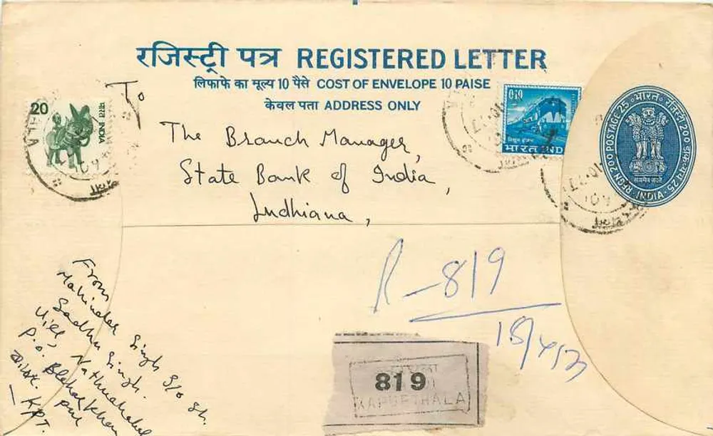 Carta postal em envelope de correio recomendado — Índia — 1947 - Frente