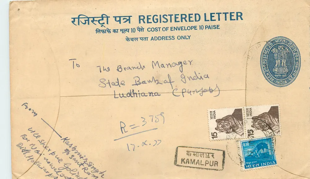 Ludhiana — Carta registrada — Kamalpur, Índia - Frente