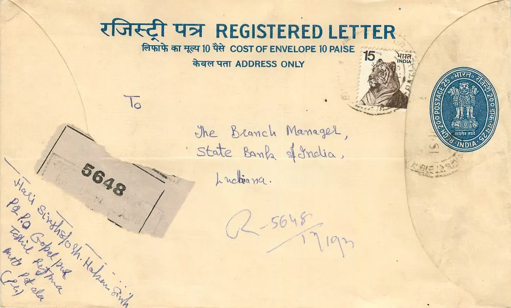 Carta postal registrada — Índia — selo tigre 15 paise — destinada a Ludhiana - Frente