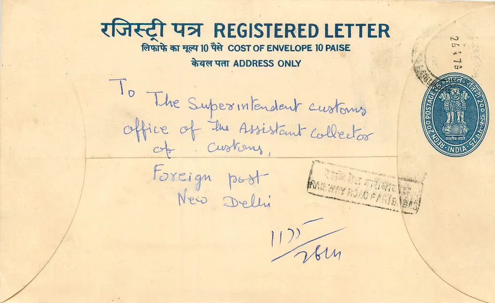 Carta postal registrada — Índia — 1964 — Departamento de Receita, Nova Deli - Frente