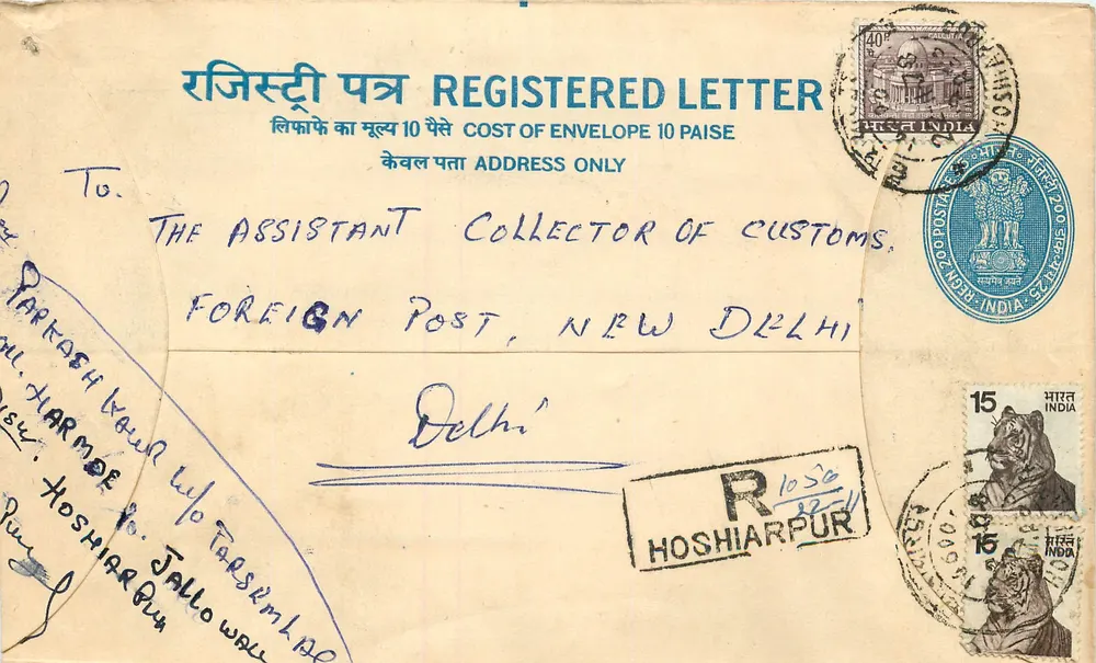 Hoshiarpur — Envelope registrado — India Post - Frente