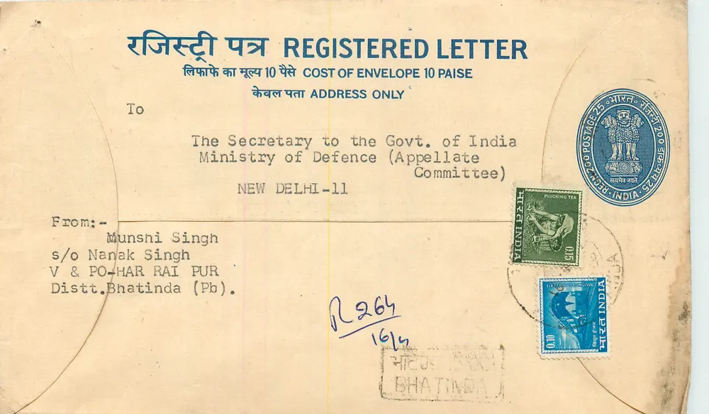 Envelope de correio registrado — Índia — 1964 — Bhatinda para Nova Deli - Frente