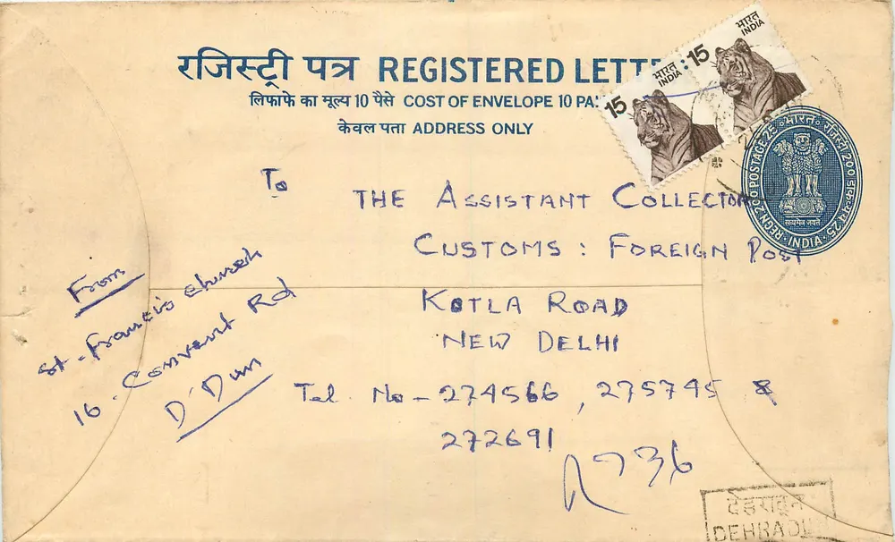 Carta registrada — Delhi, Índia — editor: Correios indianos - Frente