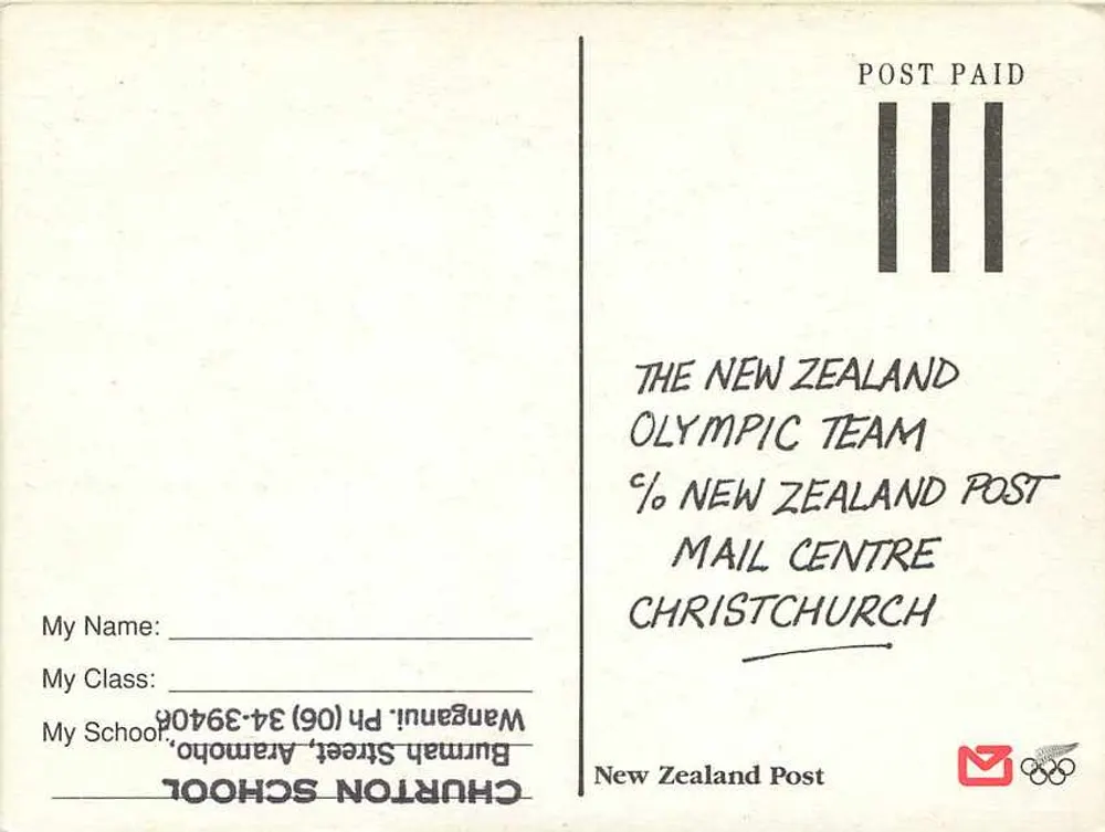 Oiseau en voile — Le Grand Projet Carte Postale Olympique — Éditeur : New Zealand Post - Verso