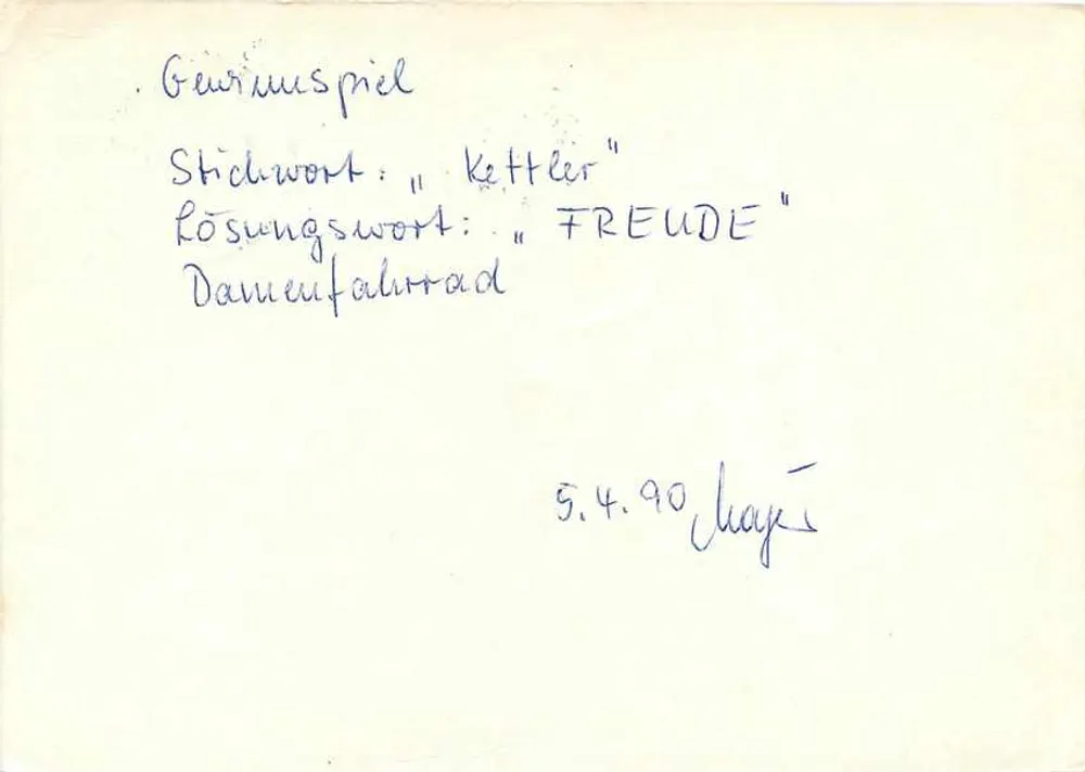 Jeu de mots « Kettler » — « FREUDE » — éditeur non visible - Verso