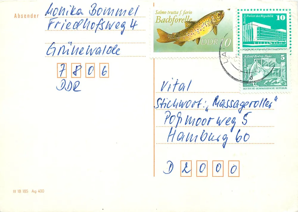 Poisson truite fario — timbres DDR — éditeur Berlin - Recto