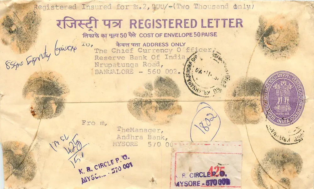 Carta recomendada — Mysore — editor K.R. Circle P.O. n° 570 001 - Frente