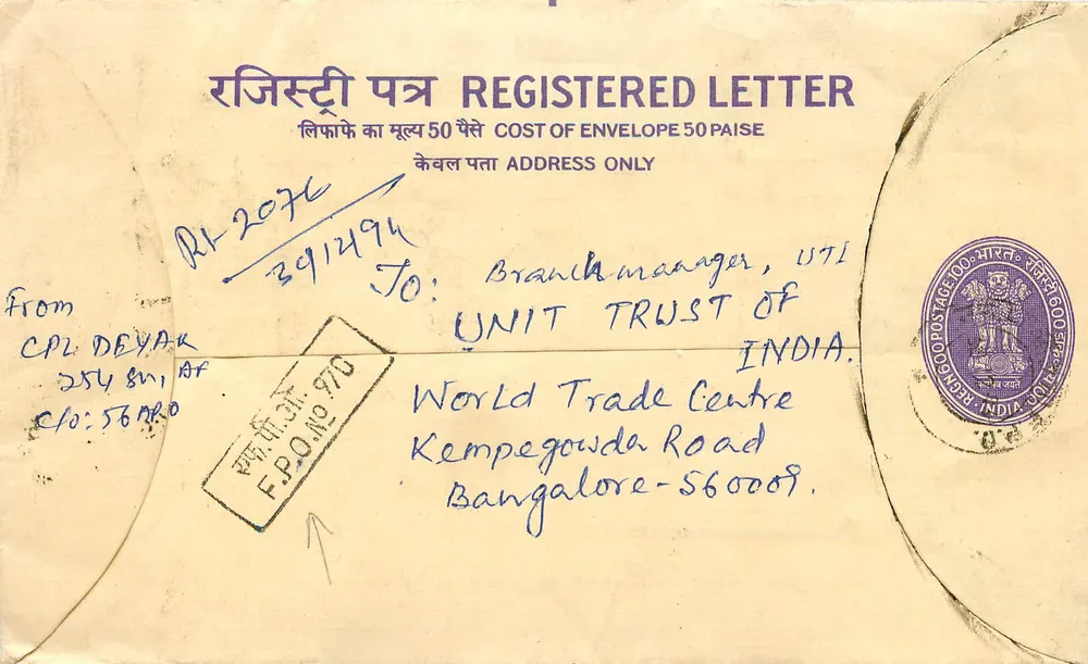 Carta registrada — Índia — 1970 — F.P.O. No. 970 - Frente