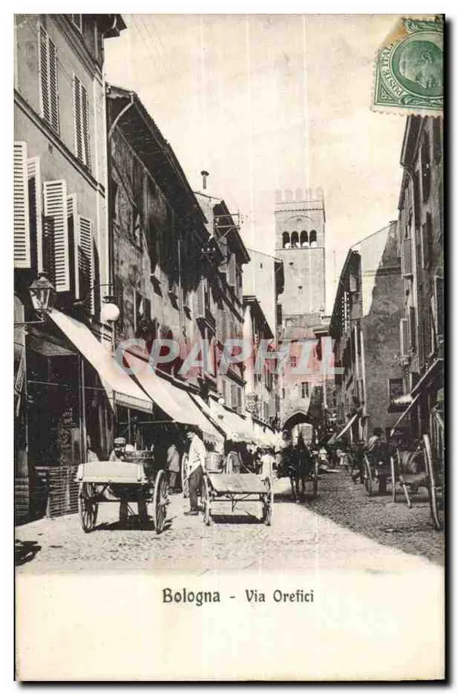 Bologna - Via Orefici — Straßenszene mit Wagen und Verlag E. Modiano e Co. - Vorderseite