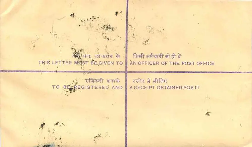 Jaipur (Rajasthan) — Envelope Registrado — Correios Indianos - Verso