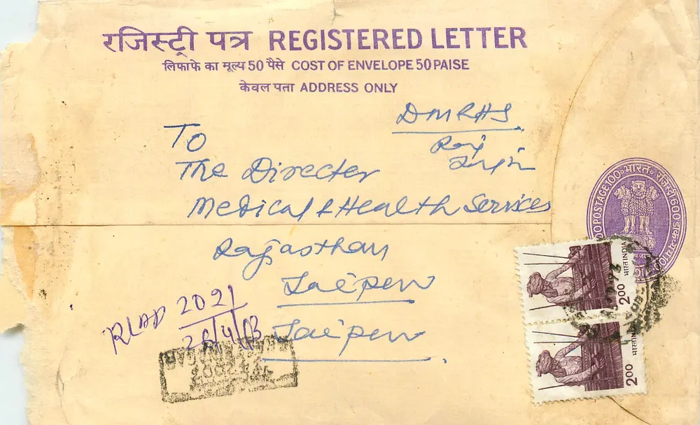 Carta recomendada — Índia — Escritório de correios de Jaipur - Frente
