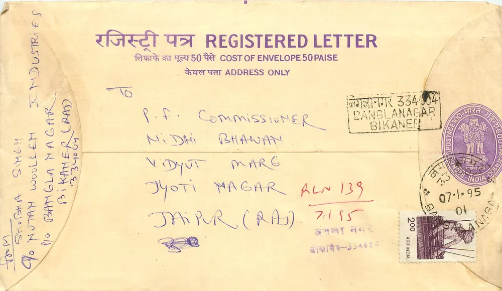 Bikaner — Busta raccomandata — Posta indiana - Recto
