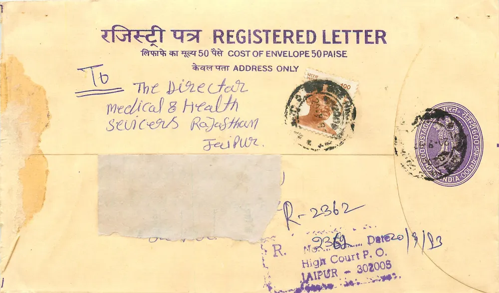 Beglaubigte Briefsendung an die medizinische und sanitäre Verwaltung von Rajasthan — Jaipur — Verlag nicht sichtbar, Seriennummer R-2362 - Vorderseite