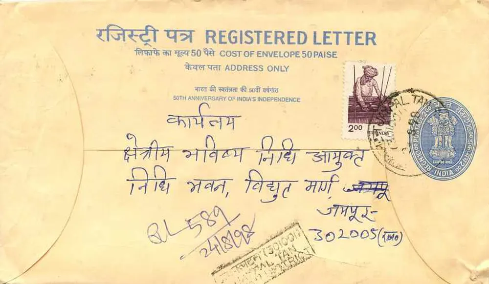 Carta postal registrada — 50º aniversário da independência da Índia — destinada a Shri Laxmi Singh, Jodhpur - Verso