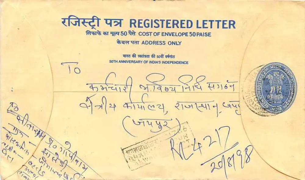 Tarjeta postal registrada — 50° aniversario de la independencia de la India — editor India Post - Reverso