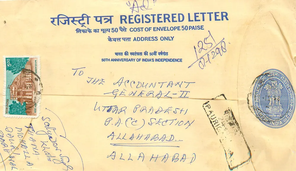50º aniversário da independência da Índia — Envelope recomendado — Correios indianos - Frente