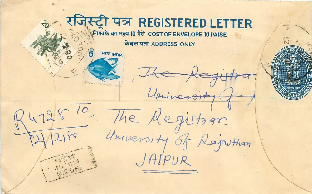 Carta registrada — Sirohi (Rajasthan) — India Post - Anverso
