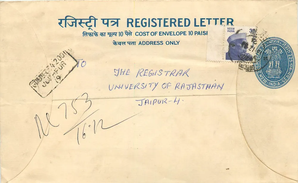 Enveloppe enregistrée — Université de Rajasthan, Jaipur — éditeur non visible - Recto