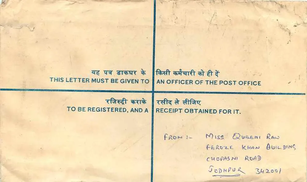 Jaipur — Lettera raccomandata — Posta indiana - Verso
