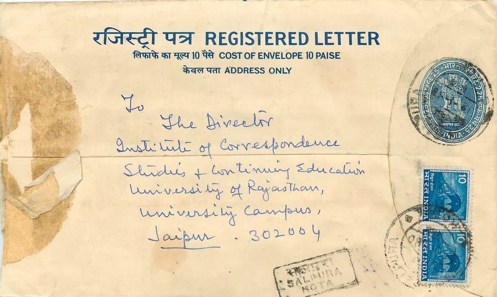 Tarjeta postal registrada — Salfurha (Rajasthan) — India - Anverso