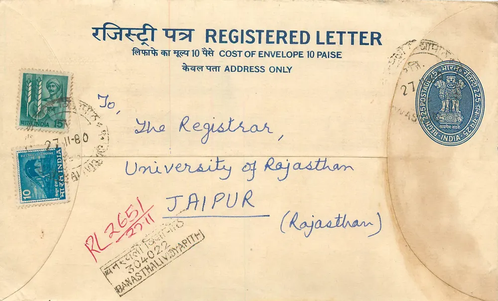 B.V. College, Banasthali — Universidade de Rajasthan — Envelope recomendado - Frente
