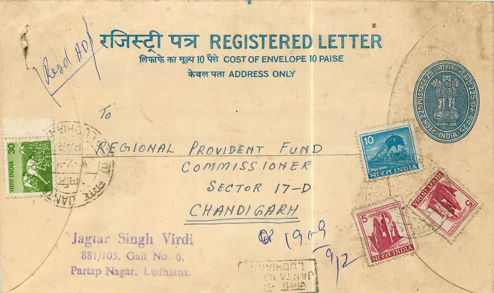 Ludhiana — Carta recomendada — Correios da Índia - Frente