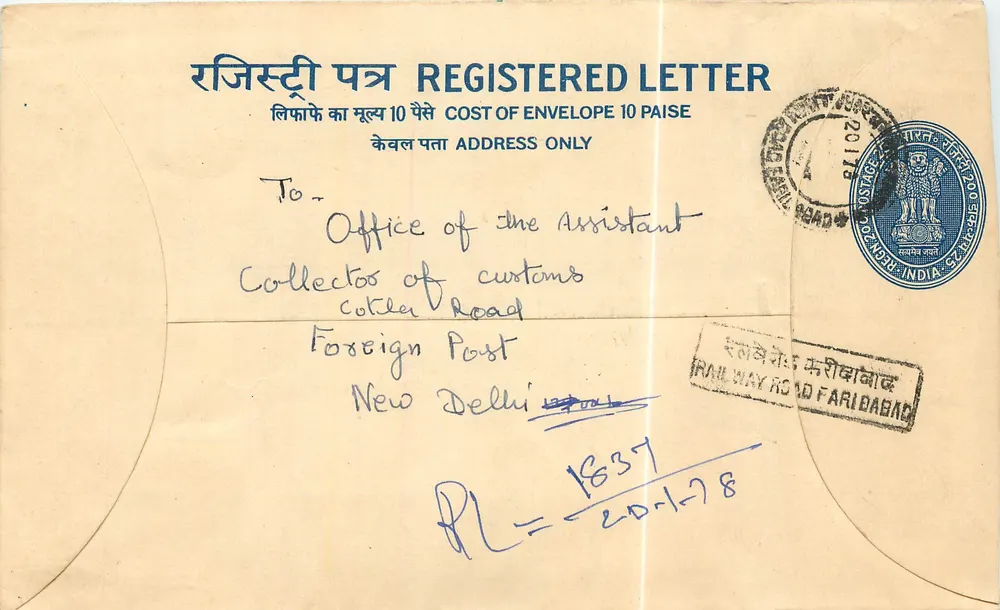 Carta postal registrada — Faridabad — editor não visível - Frente