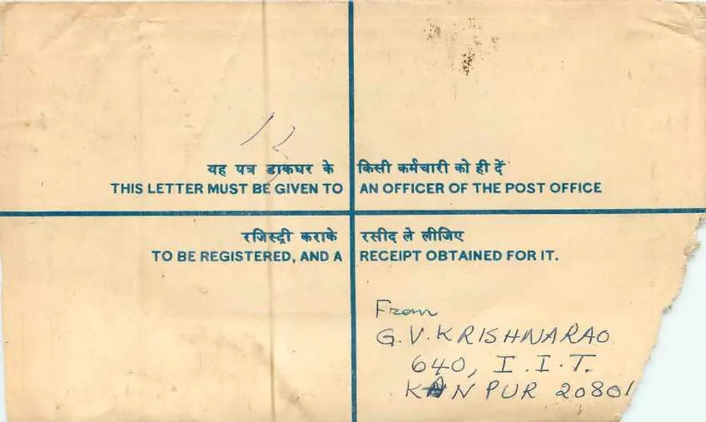 Envelope registrado — Índia — destinado ao Asst. Collector of Customs, Nova Deli — editor: India Post - Verso