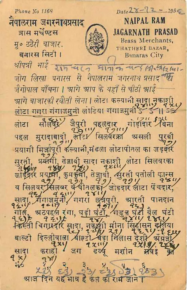 Carta postal indiana — texto em hindi e inglês — editor Brass Merchants, Banaras - Verso