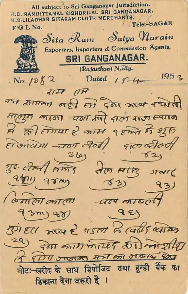 Sita Ram Satya Narain — Exportadores, Importadores & Agentes de Comissão — Sri Ganganagar — 1953 - Verso