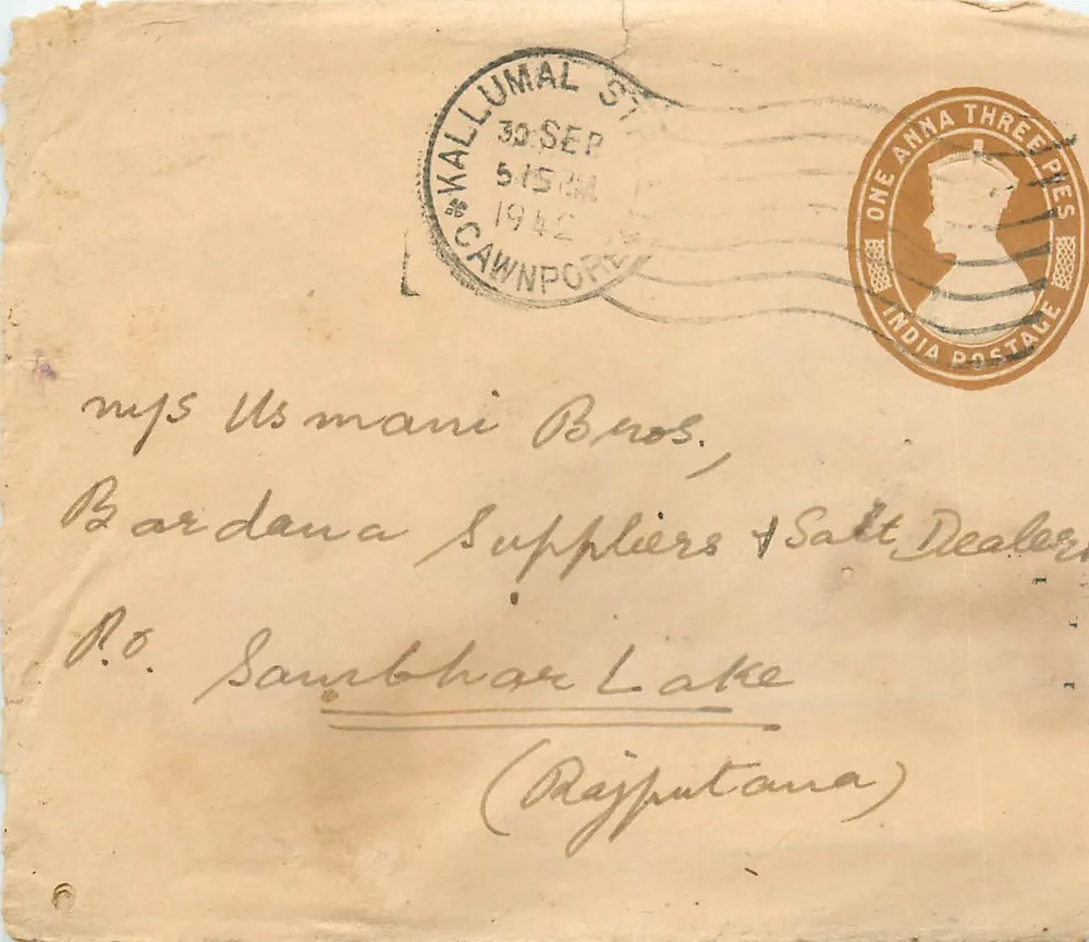 Carta postal de Cawnpore — Kallumal Street — 30 de setembro de 1942 — selo de 1 anna 3 pés - Frente