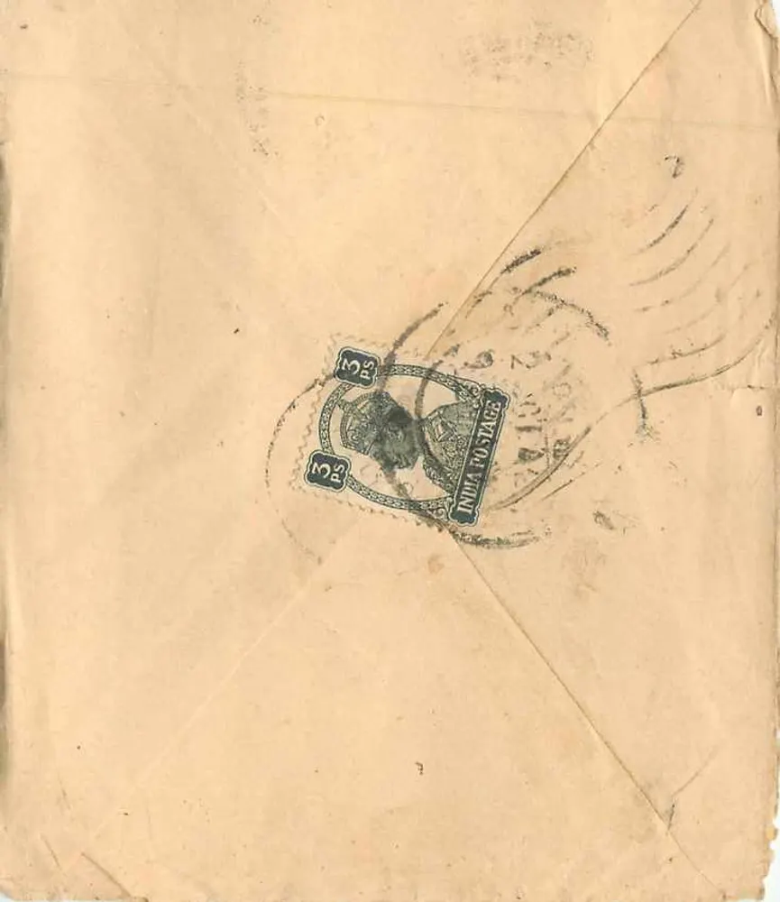 Carta postal de Cawnpore — Kallumal Street — 30 de setembro de 1942 — selo de 1 anna 3 pés - Verso