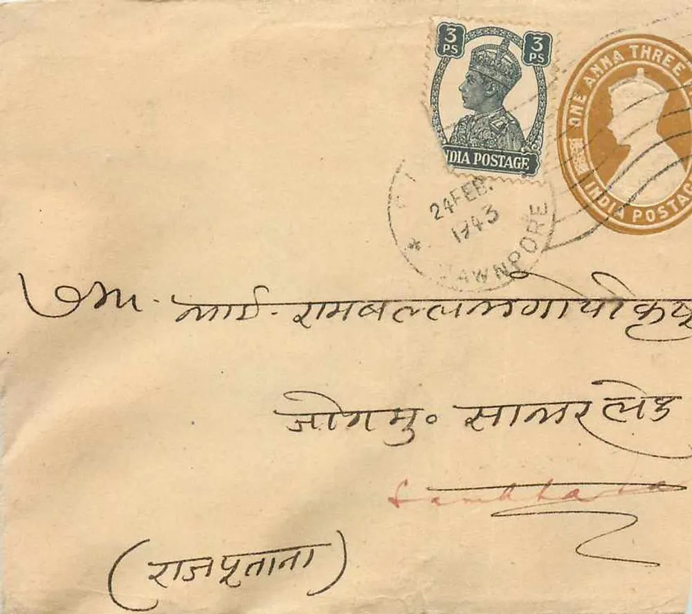 सिंगापुर के पोस्टकार्ड — 24 फरवरी 1943 — 3 अन्ना के टिमबर और 'सिंगापुर' के ओब्लिटेरेशन — कैलकत्ता के लिए - आगे