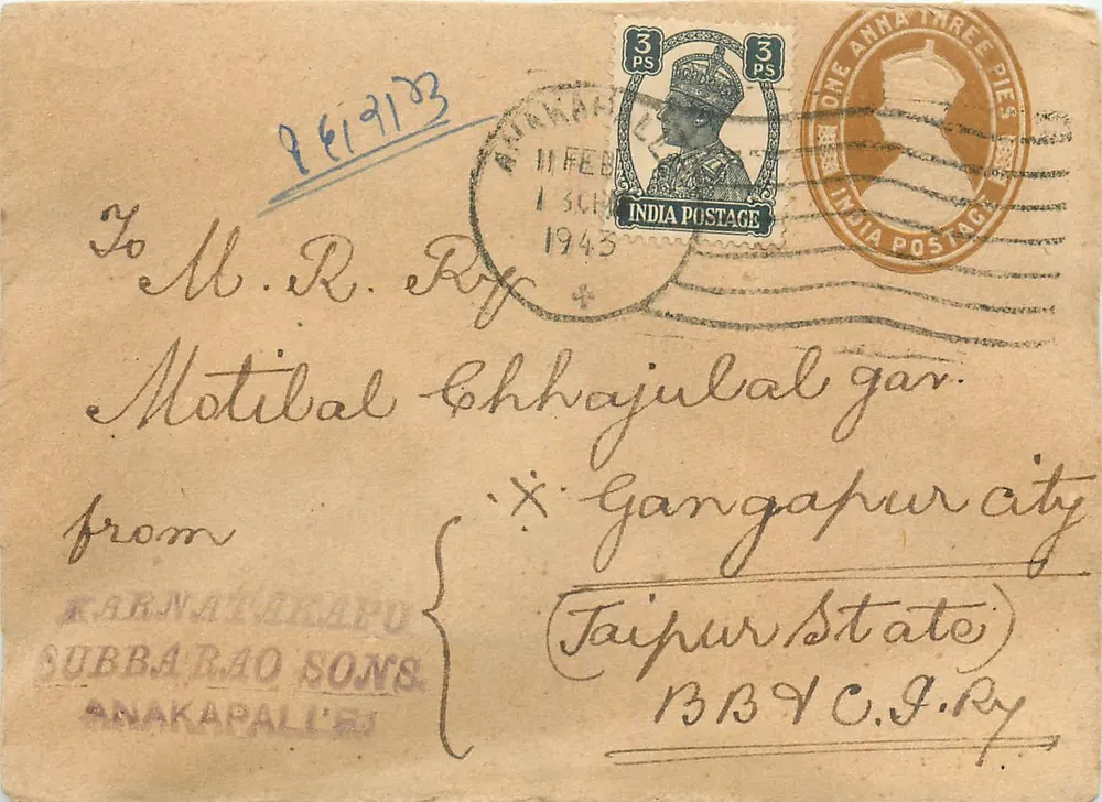 Carta postal da Índia — Gangapur, 11 de fevereiro de 1943 — editor Subbarao Sons, Anakapalle - Frente