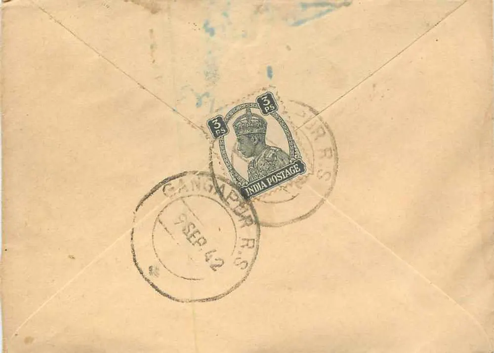Gangapur - Chhajjulale - Motilal - Índia — selo de 3 roupias e carimbo Gangapur R.C. 9 SEP 42 - Verso