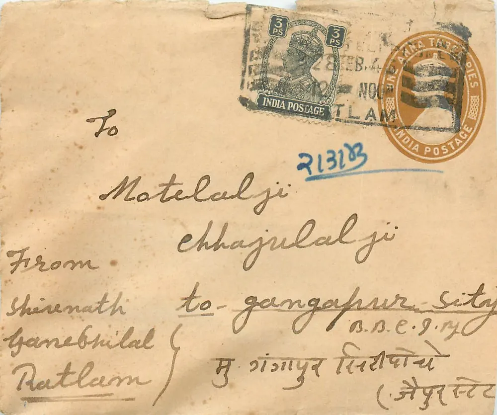 Carta postal de Ratlam para Gangapur — selo de 3 pence George V — carimbo de envio de Ratlam - Frente