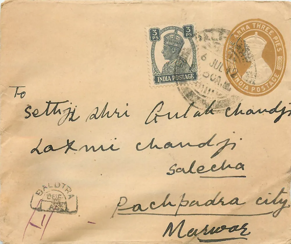 Carta postal indiana — selos e carimbos de 1930 — destinada a Laxmi Chandji em Pachpadra - Frente