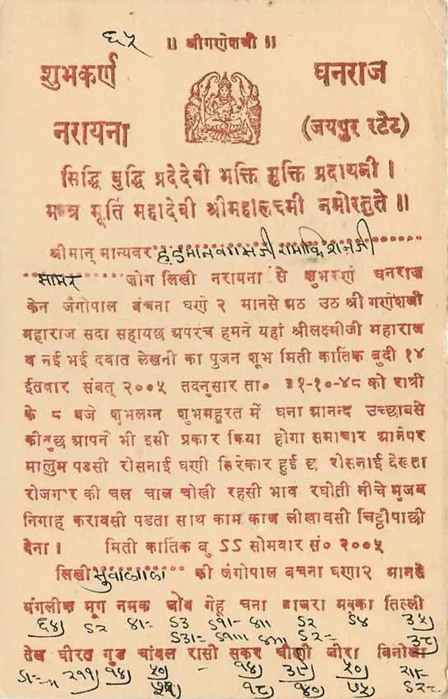 जैपुर स्टेट - डेवनागरी लिपि में लिखी गई पोस्टकार्ड - एडिटर जैपुर स्टेट - पीछे