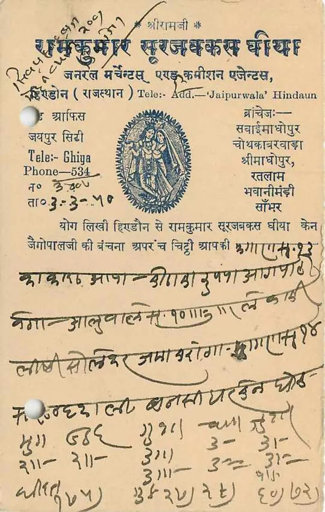 Estado de Jaipur — cartão postal com selo e carimbo — editor Estado de Jaipur - Verso