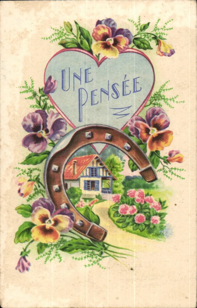 Pensée — maison vue à travers un fer à cheval — éditeur SÉRÉ-PAS-SE-PARTOUT - Recto