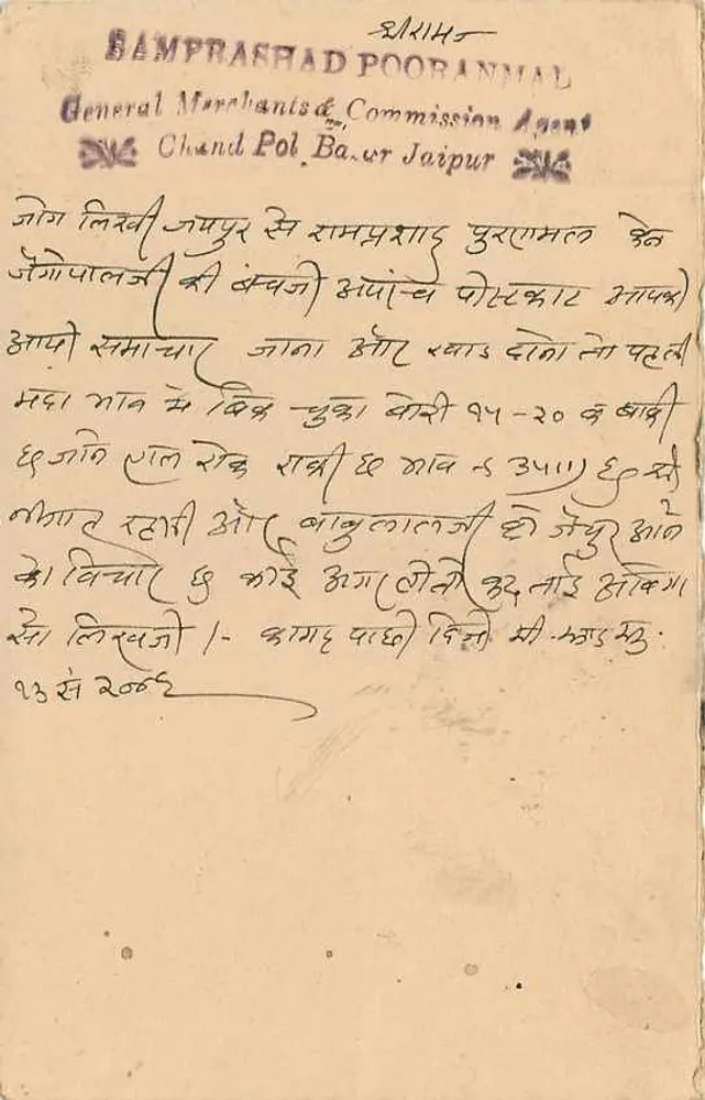 Estado de Jaipur — carta postal com selo e carimbo — editor Bamprashad Poorannal, Chand Pol, Jaipur - Verso