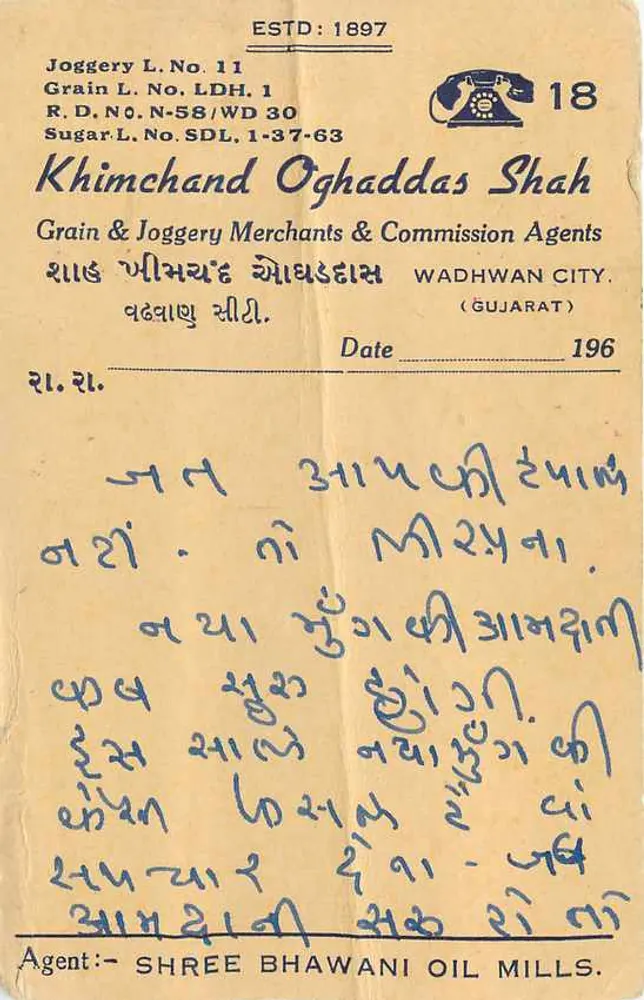 Carta postal indiana — Khimchand Oghaddas Shah, Wadhwan — selo verde e carimbo 'SURCHARGE ITC 6 PA' - Verso