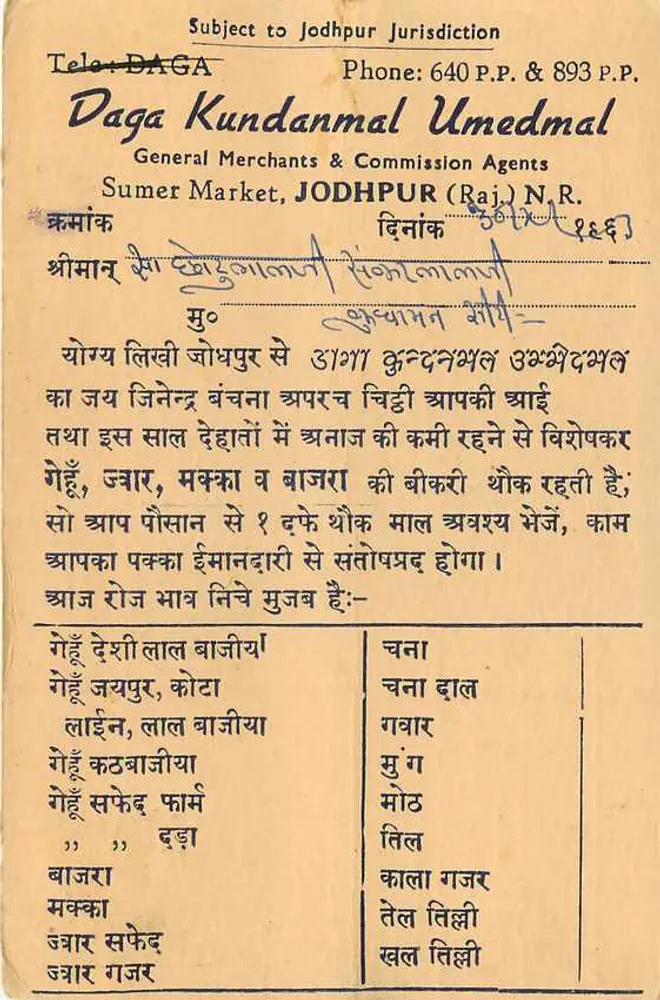 Jodhpur — carta postal comercial — Daga Kundanmal, Jodhpur - Verso