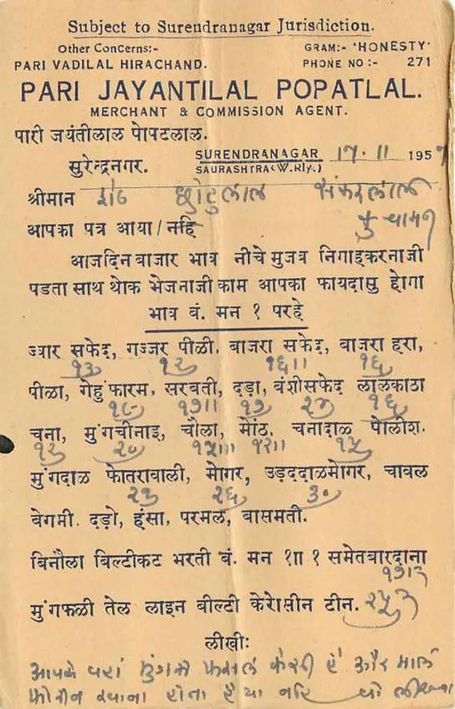 SurenDRANAGAR — Pari Jayantilal Popat Lal, comerciante & agente de comissão — editor desconhecido, número de série não visível - Verso