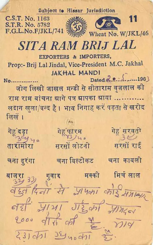 Sita Ram Brij Lal Exporters & Importers — Jakhal Mandi — carta postal comercial indiana - Verso