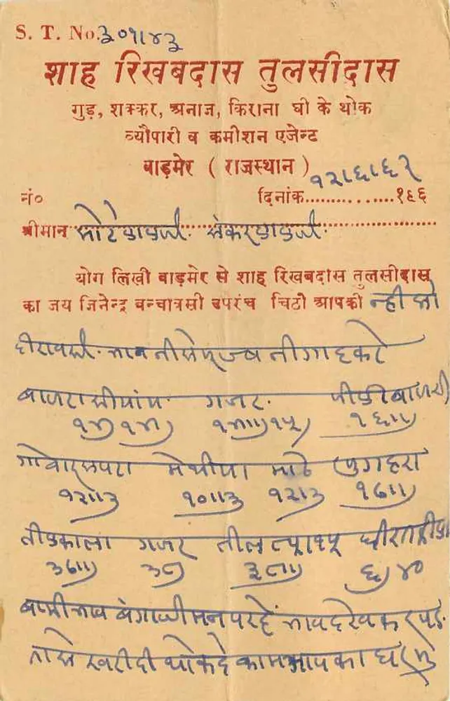Chhotelalji Shankralal — Po. Kuchehana city, S. Jodhpur — Postcard India - Back