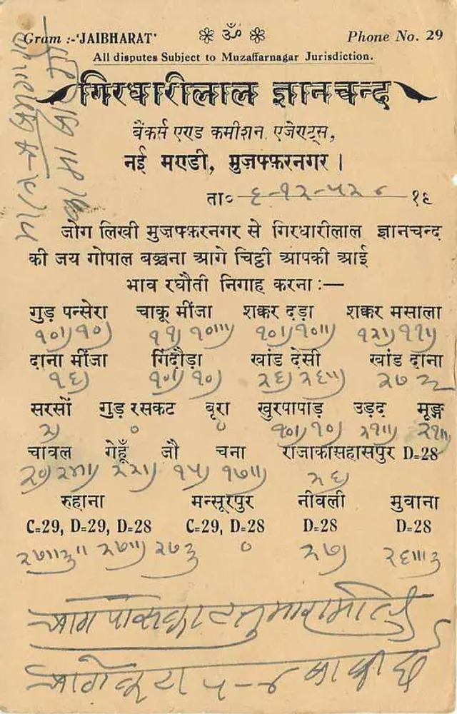 Giridhara Lal - Muzaffarnagar — carta postal indiana com selo verde e carimbo de Jai Bharat - Verso